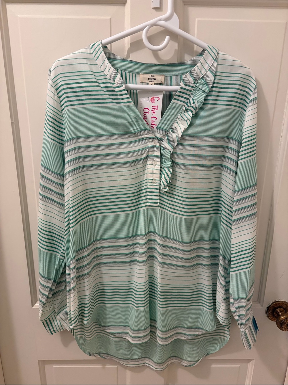 entro Mint and White Striped Tunic Top w/ Ruffe Accent Size S